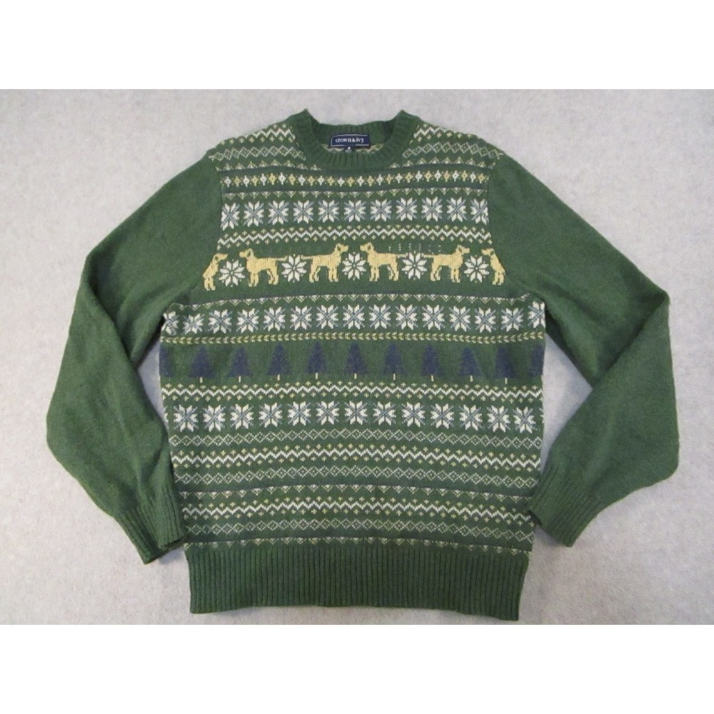 Crown & Ivy Sweater Mens Medium Green Dogs Pine Trees‎ Fair Isle Holiday Winter